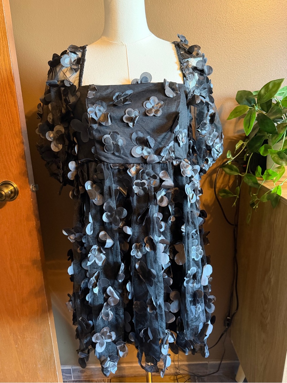 TCEC Black Mini Dress with 3D Floral Appliqués